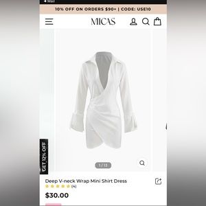 White deep V faux wrap dress